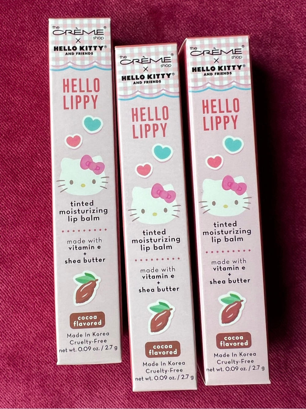 🆕 HELLO KITTY x The Crème Shop 3 Tinted Lip Balm Moisturizers Cocoa Flavor Shea